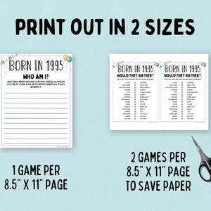 May include: Two printable game cards for a 1995 birthday party. The first card is a "Who Am I?" game with lines for writing down memories. The second card is a "Would They Rather?" game with two columns of questions. Both cards have a blue and white colour scheme with balloons and confetti.