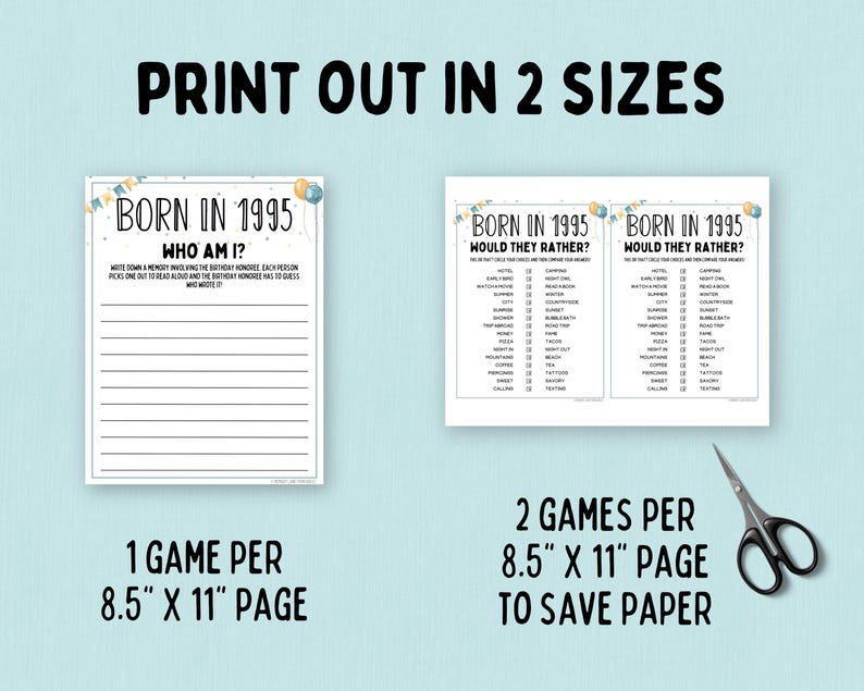 May include: Two printable game cards for a 1995 birthday party. The first card is a "Who Am I?" game with lines for writing down memories. The second card is a "Would They Rather?" game with two columns of questions. Both cards have a blue and white colour scheme with balloons and confetti.