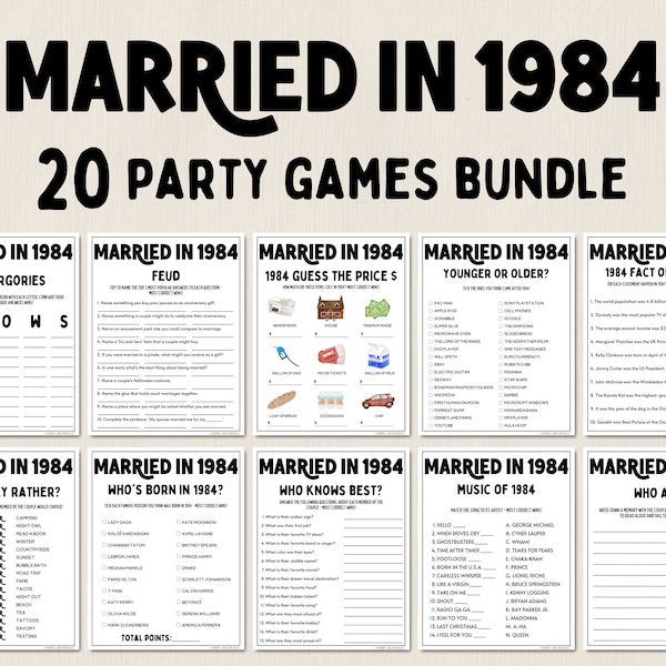 40 Jahre Jubiläum Spiele Bundle | Verheiratet im Jahr 1984 Spiele | 40th Hochzeitstag Spiele | Lustige Druckbare Spiele | Party Spiele | Spiele für Erwachsene