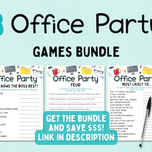 May include: Three printable office party game cards with watercolor illustrations of office supplies. The games are "Who Knows the Boss Best?", "Office Party Feud", and "Office Party Most Likely To..."
