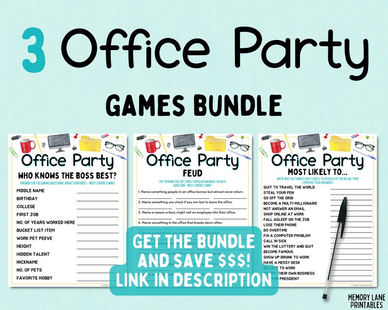 May include: Three printable office party game cards with watercolor illustrations of office supplies. The games are "Who Knows the Boss Best?", "Office Party Feud", and "Office Party Most Likely To..."