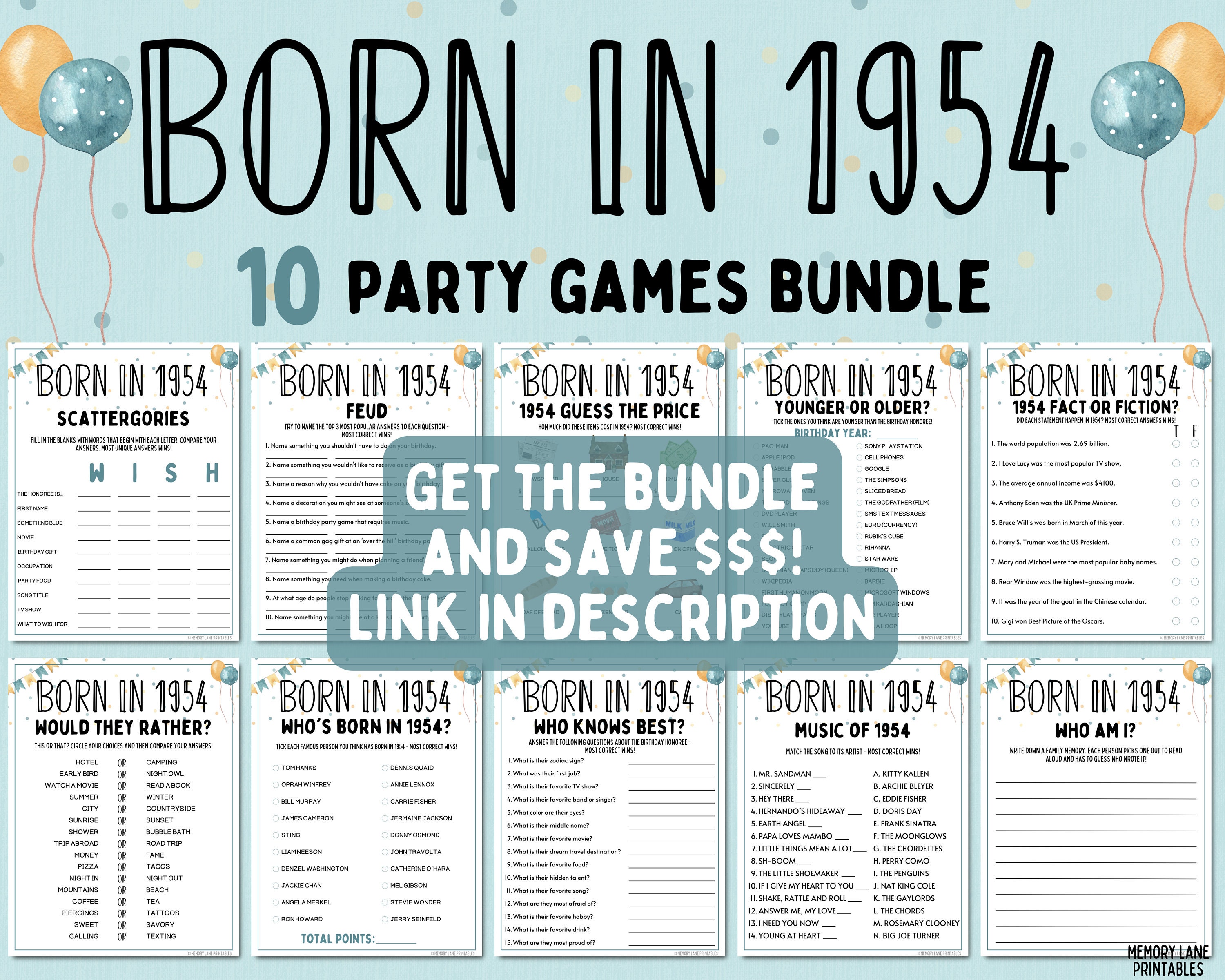 70th Birthday Party Games Bundle Born in 1954 Games 70th Birthday Games ...