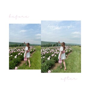 Puede incluir: Una mujer con un vestido blanco y un bolso rosa camina por un campo de peon&iacute;as rosas. El texto "happily ever after" est&aacute; escrito sobre la imagen.