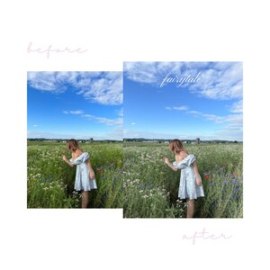 Puede incluir: Una mujer con un vestido floral azul claro se encuentra en un campo de flores silvestres. El cielo es azul con nubes blancas. El texto "fairytale" est&aacute; escrito en rosa sobre la imagen.