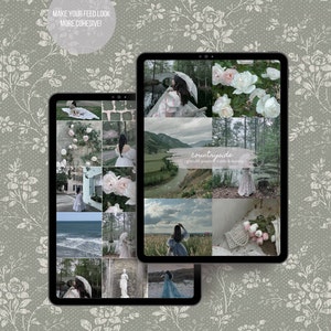 Op de afbeelding: Een digitale collage van afbeeldingen op een tabletscherm. De afbeeldingen zijn voornamelijk van natuursc&egrave;nes, waaronder een meer, een bos en een bloemenveld. De tekst "countryside" staat op het scherm, samen met de woorden "Lightroom presets & mobile & desktop".