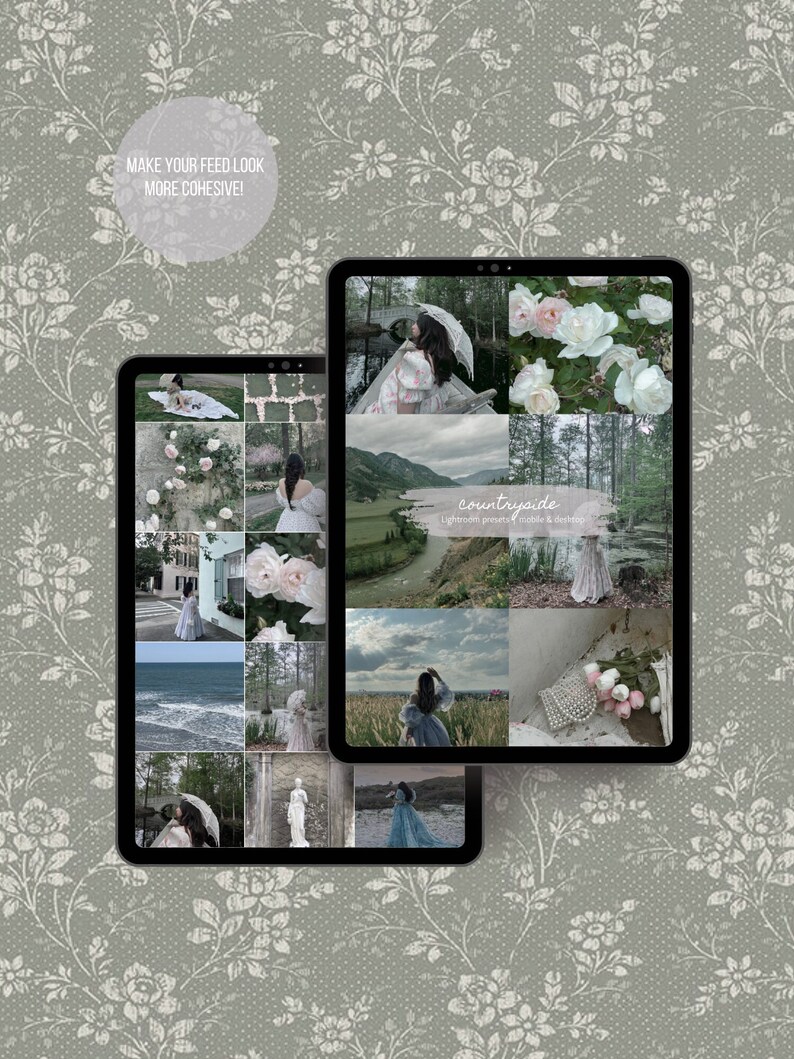 Op de afbeelding: Een digitale collage van afbeeldingen op een tabletscherm. De afbeeldingen zijn voornamelijk van natuursc&egrave;nes, waaronder een meer, een bos en een bloemenveld. De tekst "countryside" staat op het scherm, samen met de woorden "Lightroom presets & mobile & desktop".