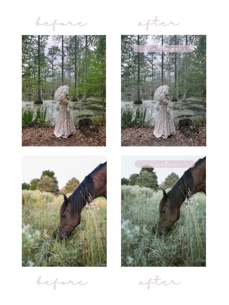 Op de afbeelding: Twee voor-en-na-beeldvergelijkingen. De eerste toont een vrouw in een witte jurk die een witte parasol vasthoudt in een moerassig bos. De tweede toont een bruin paard dat graast in een veld met hoog gras. Beide afbeeldingen tonen het verschil in kleur en toon na het toepassen van een filter.