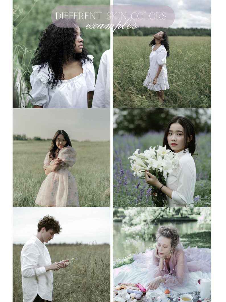 Op de afbeelding: Vier mensen met verschillende huidskleuren staan in een veld, elk met een witte jurk of shirt aan. De afbeelding heeft de titel "Verschillende voorbeelden van huidskleuren".