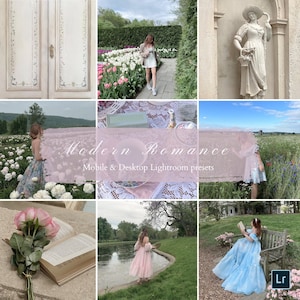Puede incluir: Un collage de im&aacute;genes que muestran una colecci&oacute;n de ajustes preestablecidos de Lightroom llamados "Modern Romance". Las im&aacute;genes presentan una variedad de escenas, incluyendo una mujer con un vestido blanco de pie en un campo de flores, una mujer con un vestido rosa sentada junto a un lago y una mujer con un vestido azul leyendo un libro en un banco.