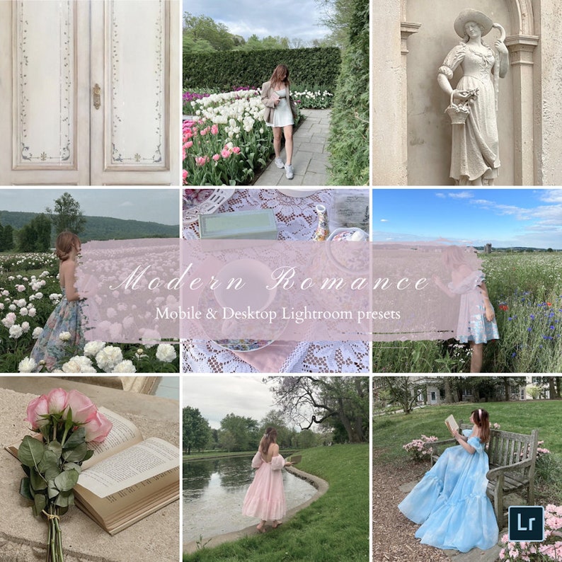 Puede incluir: Un collage de im&aacute;genes que muestran una colecci&oacute;n de ajustes preestablecidos de Lightroom llamados "Modern Romance". Las im&aacute;genes presentan una variedad de escenas, incluyendo una mujer con un vestido blanco de pie en un campo de flores, una mujer con un vestido rosa sentada junto a un lago y una mujer con un vestido azul leyendo un libro en un banco.