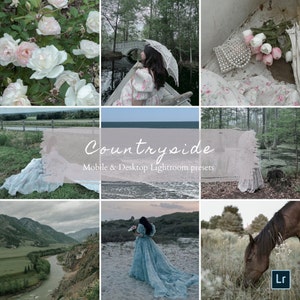 Op de afbeelding: Een collage van afbeeldingen die een verzameling Lightroom-presets tonen genaamd "Countryside". De afbeeldingen tonen een vrouw in een witte jurk, een paard, een rivier en een bloemstuk.