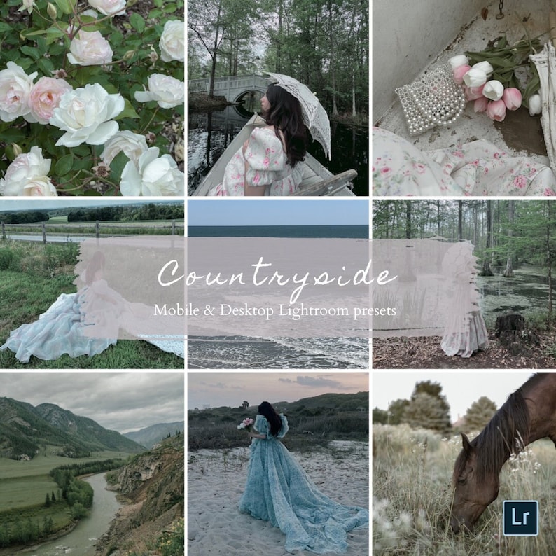 Op de afbeelding: Een collage van afbeeldingen die een verzameling Lightroom-presets tonen genaamd "Countryside". De afbeeldingen tonen een vrouw in een witte jurk, een paard, een rivier en een bloemstuk.