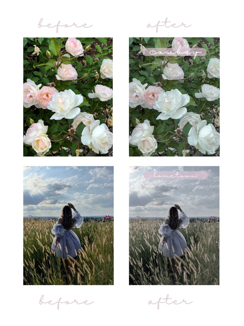 Op de afbeelding: Twee voor- en nafoto's die het verschil in beeldbewerking laten zien. De eerste foto toont een struik met witte en roze rozen met groene bladeren. De tweede foto toont dezelfde struik met een toegepast filter, waardoor de kleuren levendiger en het beeld meer verzadigd worden. De tweede foto bevat ook het woord "cowboy" dat in roze tekst over de afbeelding staat. De derde foto toont een persoon in een witte jurk die door een veld met hoog gras loopt. De vierde foto toont dezelfde persoon met een toegepast filter, waardoor het beeld matter en de kleuren minder verzadigd worden. De vierde foto bevat ook het woord "thuisstad" dat in roze tekst over de afbeelding staat.