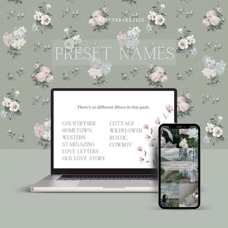 Op de afbeelding: Een laptopscherm toont een lijst van 10 preset-namen voor fotofilters: Countryside, Hometown, Western, Stargazing, Love Letters, Old Love Story, Cottage, Wildflower, Rustic en Cowboy. Een telefoonscherm toont een collage van foto's met het woord "Countryside" in de rechterbenedenhoek.
