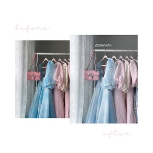 Puede incluir: Un perchero con un vestido azul claro, un vestido rosa y un vestido blanco con lunares negros. Un bolso de mano acolchado rosa cuelga del perchero. El texto "amour" est&aacute; escrito encima del perchero.