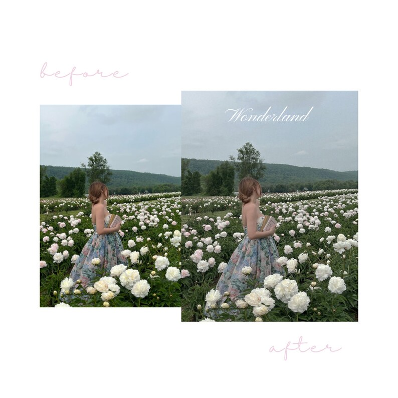 Puede incluir: Una mujer con un vestido floral se encuentra en un campo de peon&iacute;as blancas. La imagen est&aacute; dividida en dos secciones, la parte izquierda est&aacute; etiquetada como "antes" y la parte derecha est&aacute; etiquetada como "Wonderland" y "despu&eacute;s".