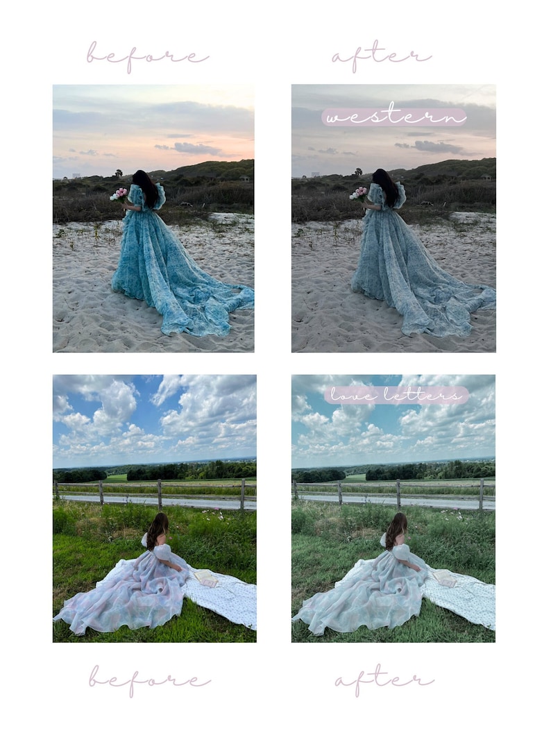 Op de afbeelding: Twee voor- en nafoto's van een vrouw in een lichtblauwe tule jurk. De eerste foto toont de vrouw op een strand met een zonsondergang op de achtergrond. De tweede foto toont de vrouw op een grasachtige heuvel met een blauwe lucht op de achtergrond. De tekst "western" is over de tweede foto gelegd. De derde foto toont de vrouw op een grasachtige heuvel met een blauwe lucht op de achtergrond. De vierde foto toont de vrouw op een grasachtige heuvel met een blauwe lucht op de achtergrond. De tekst "love letters" is over de vierde foto gelegd.