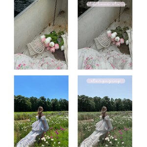 Op de afbeelding: Twee voor- en nafoto's die de effecten van fotobewerking laten zien. De eerste foto toont een witte boot met een boeket roze en witte bloemen en een parelentas. De tweede foto toont dezelfde sc&egrave;ne met een vintage filter toegepast. De tweede set foto's toont een persoon in een witte jurk die in een bloemenveld staat. De tweede foto toont dezelfde sc&egrave;ne met een zacht, dromerig filter toegepast.