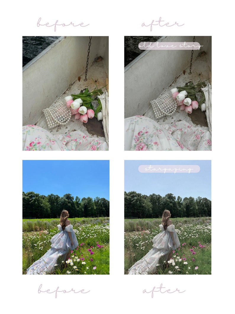 Op de afbeelding: Twee voor- en nafoto's die de effecten van fotobewerking laten zien. De eerste foto toont een witte boot met een boeket roze en witte bloemen en een parelentas. De tweede foto toont dezelfde sc&egrave;ne met een vintage filter toegepast. De tweede set foto's toont een persoon in een witte jurk die in een bloemenveld staat. De tweede foto toont dezelfde sc&egrave;ne met een zacht, dromerig filter toegepast.