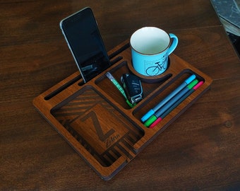 Office Desk Organizer, Personalized Desk Tray, Docking Station Men, Wood iPad Stand, Office Desk Accessories, Home Desk Storage,