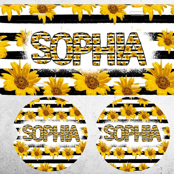 Striped Sunflower Pattern Floral License Plate Coasters, License Plate Car Tag, Custom License Plate, Auto Accessories, Front License Plate