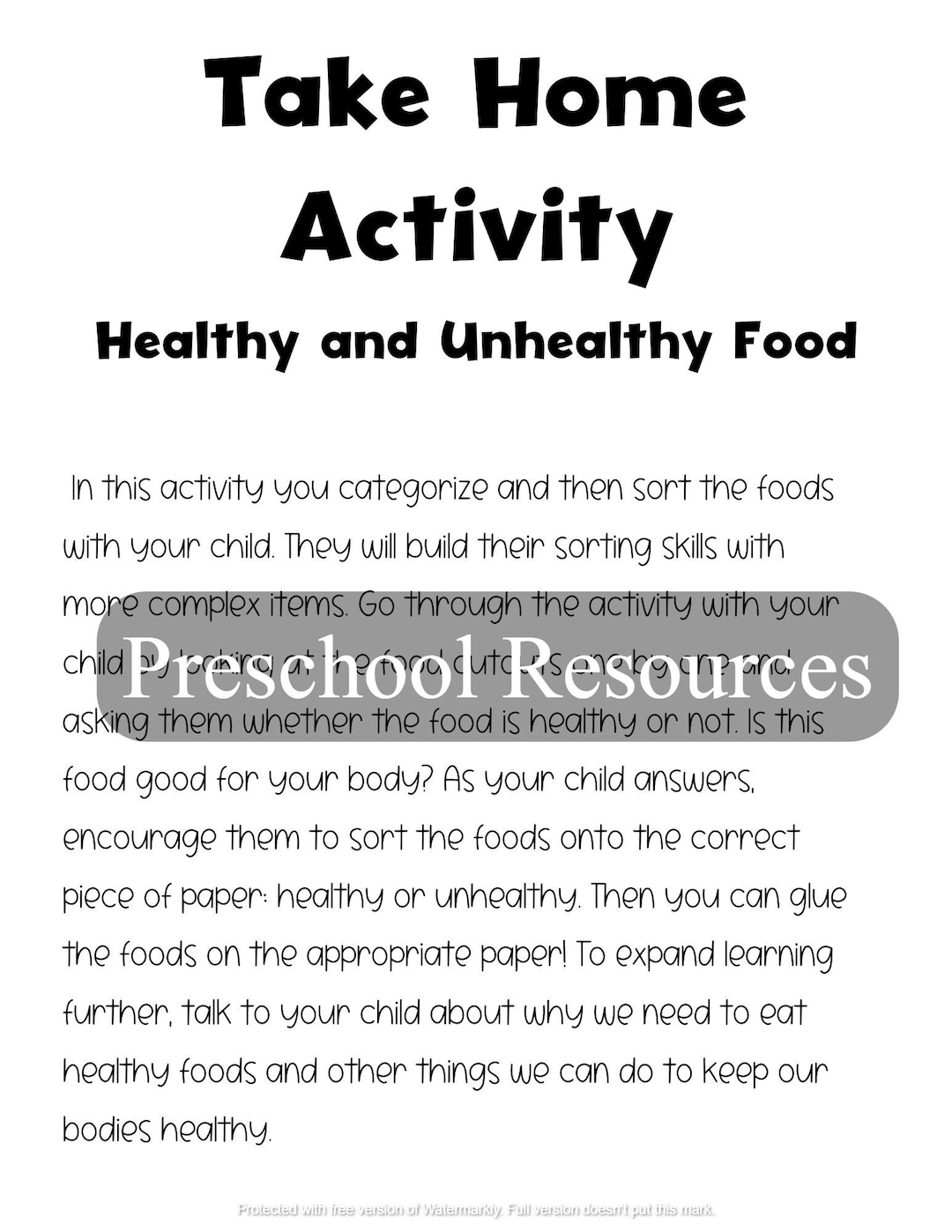 Take Home Activity for Preschoolers Healthy and Unhealthy Etsy