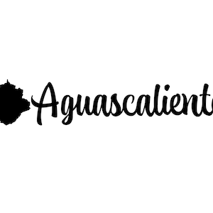 May include: A black silhouette of the Mexican state of Aguascalientes is to the left of the word "Aguascalientes" in a cursive font. The background is plain white.