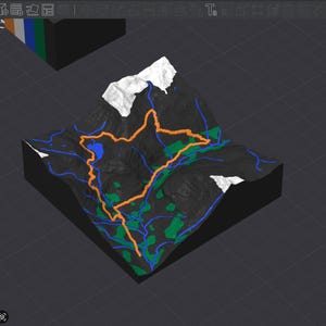 May include: A 3D model of a mountainous landscape with a trail marked in orange. The terrain is dark with white peaks, blue water features, and green vegetation. The model is set against a dark gray background.