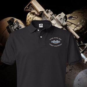 May include: Black polo shirt with a United States Army Combat Infantryman badge embroidered on the chest. The badge is blue and silver with a wreath and a crossed rifle design.