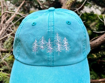 2-Sided Dad Hat Embroidered Forest Trees, Blue Hiking Hat Unisex, Adjustable | 100% Cotton Washed Baseball Cap Men, Hiking Nature Gifts