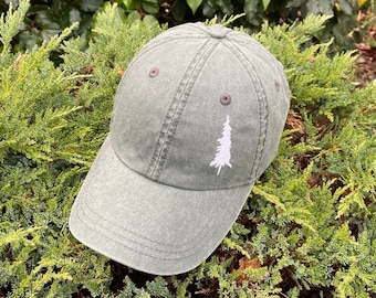 Embroidered Pine Tree Hat: 100% Cotton Washed Baseball Cap Unisex, Personalized Hiking Apparel Gifts
