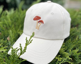 Mushroom Dad Cap, Embroidered Ball Hat, Soft-Structured | 100% Cotton Unisex Beige Baseball Hat, Adjustable Womens Hat, Garden Gifts for Her