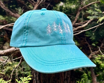 Dad Hat Embroidered Forest Trees, Blue Hiking Hat Unisex, Adjustable | 100% Cotton Washed Baseball Cap Men, Hiking Nature Gifts for Him, Her