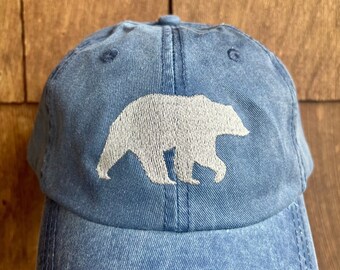 Dad Hat Embroidered Bear, Navy Blue Hiking Hat for Men | 100% Cotton Washed Women's Baseball Cap Unisex, Nature Outdoor Gift for Him, Her