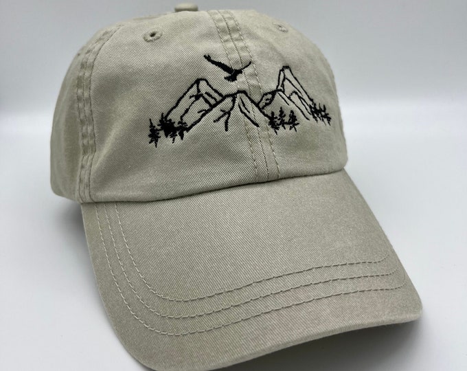 Dad Hat Embroidered Mountain & Eagle, Beige Hiking Hat Unisex, Adjustable | 100% Cotton Washed Baseball Cap Men, Nature Gifts for Him Her