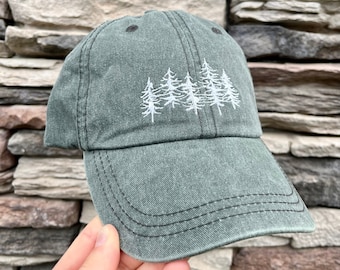 CUSTOM WORDING Dad Hat Embroidered Forest Trees, Double-Sided Green Hiking Hat Unisex, Adjustable | 100% Cotton Washed Baseball Cap Men