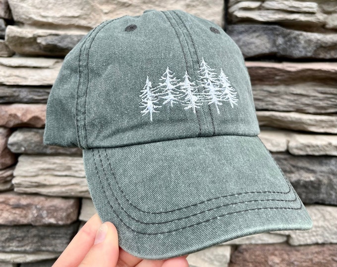 Dad Hat Embroidered Forest Trees, Green Hiking Hat Unisex, Adjustable | 100% Cotton Washed Baseball Cap Men, Hiking Nature Gifts for Him Her