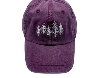 Dad Hat Embroidered Forest Trees, Maroon Hiking Hat Unisex Adjustable | 100% Cotton Washed Baseball Cap Men, Hiking Nature Gifts for Him Her