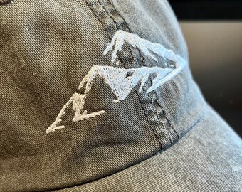 Embroidered Mountain Hat: 100% Cotton Distressed Baseball Cap OSFA, Personalized Hiking Apparel