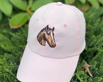 Horse Close Up Face Embroidered Cap | Unwashed White Dad Hat, 100% Cotton Baseball Cap, Equestrian Design, Adjustable Strap, Unisex Gift