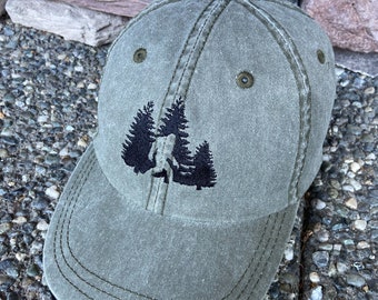 Big Foot Outline in Trees Cap, Washed Dad Hat | Buckle Strap, 100% Cotton Baseball Cap, Cryptid Adventure Hat, Unisex Gift for Him or Her