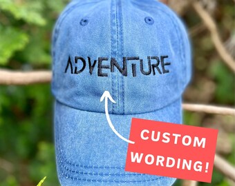 2-sided Dad Hat Embroidered, Blue Hiking Hat for Men, Unisex | 100% Cotton Washed Women's Baseball Cap, Personalized Text & Mountain Peak