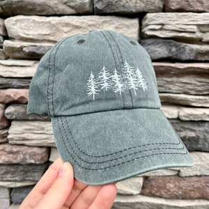 Dad Hat Embroidered Forest Trees, Green Hiking Hat Unisex, Adjustable 100% Cotton Washed Baseball Cap Men, Hiking Nature Gifts for Him Her image 1