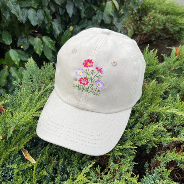 Flower Bouquet Embroidered Baseball Cap, Unisex Low Profile Cotton Soft Structured Hat for Men or Women, Green Nature Gift for Him or Her