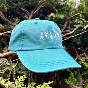 May include: A turquoise blue baseball cap with a white embroidered design of a row of pine trees.