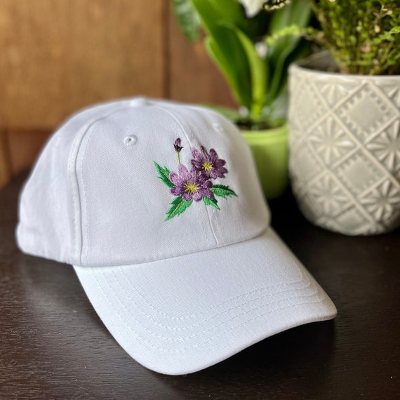 Floral Embroidered Hat W/purple Flower Dad Hat, Soft 100% Cotton White  Baseball Cap, Plant Mom Gift for Her, Summer Gardening Hats for Women 