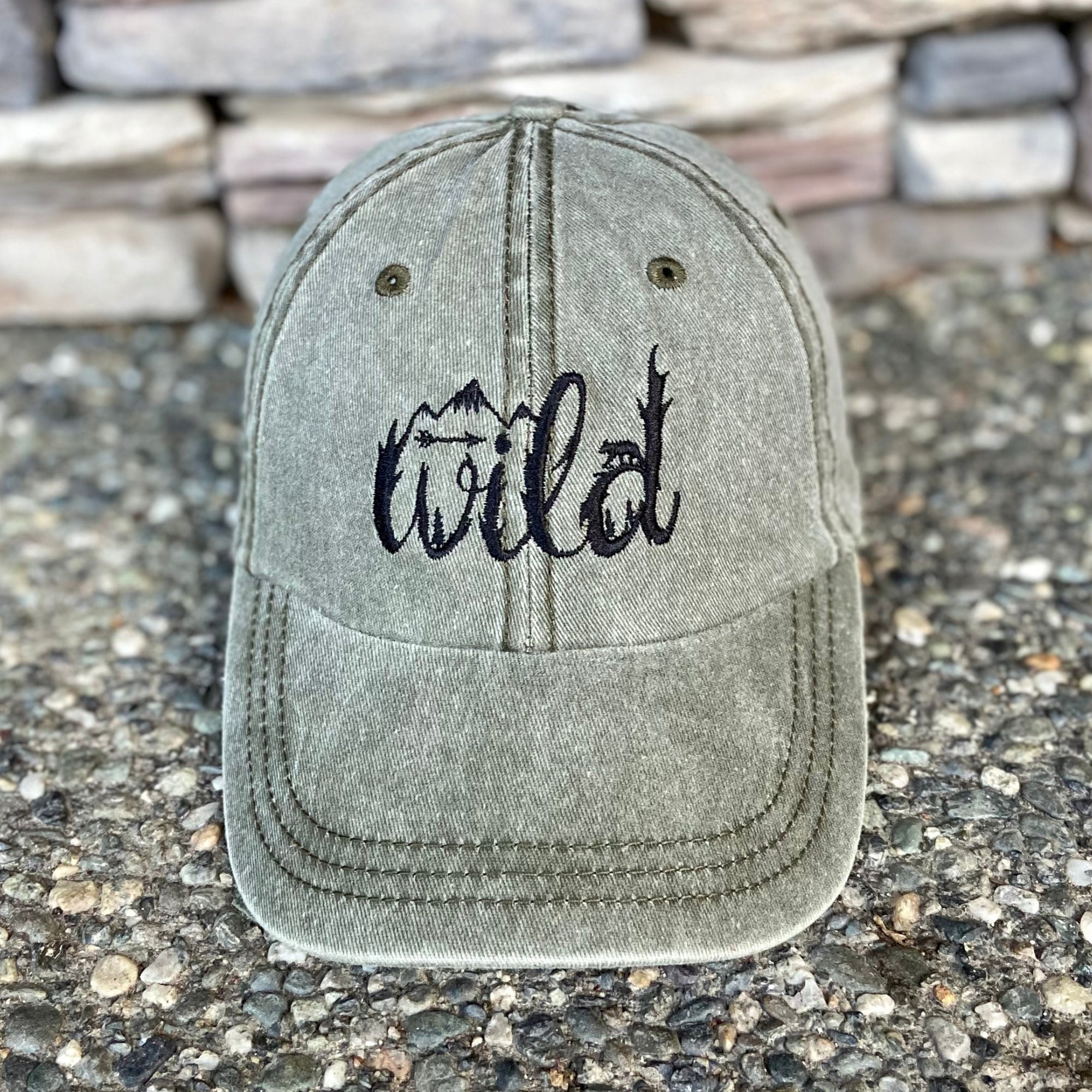 Embroidered WILD Hat: 100% Cotton Green Vintage Baseball Cap 