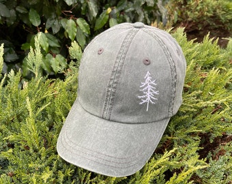Embroidered Fir Tree Hat: 100% Cotton Washed Baseball Cap Unisex, Personalized Hiking Apparel Gifts