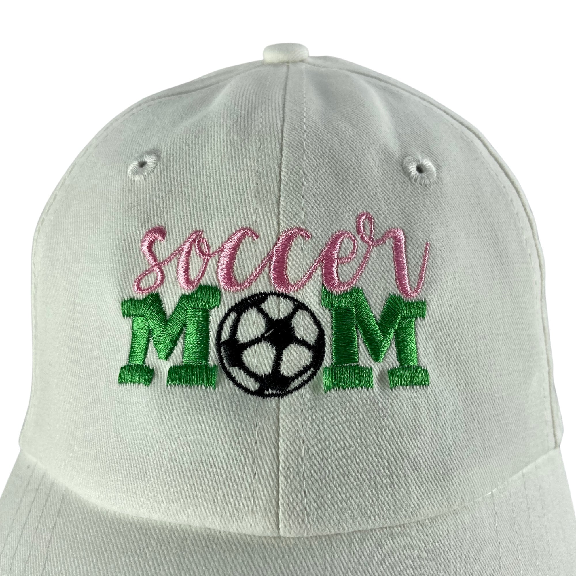 White Embroidered Soccer Ball Hat 100% Cotton Sporty Outdoor Soccer Mom One Size SOCCER MOM Baseball Cap: 100% Cotton White Adjustable Hat  main image 3