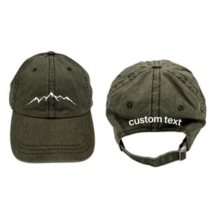 CUSTOM WORDING Dad Hat Embroidered Mountain Peak, Green Hiking Hat Unisex, Adjustable | 100% Cotton Washed Baseball Cap Men, PNW Nature Gift